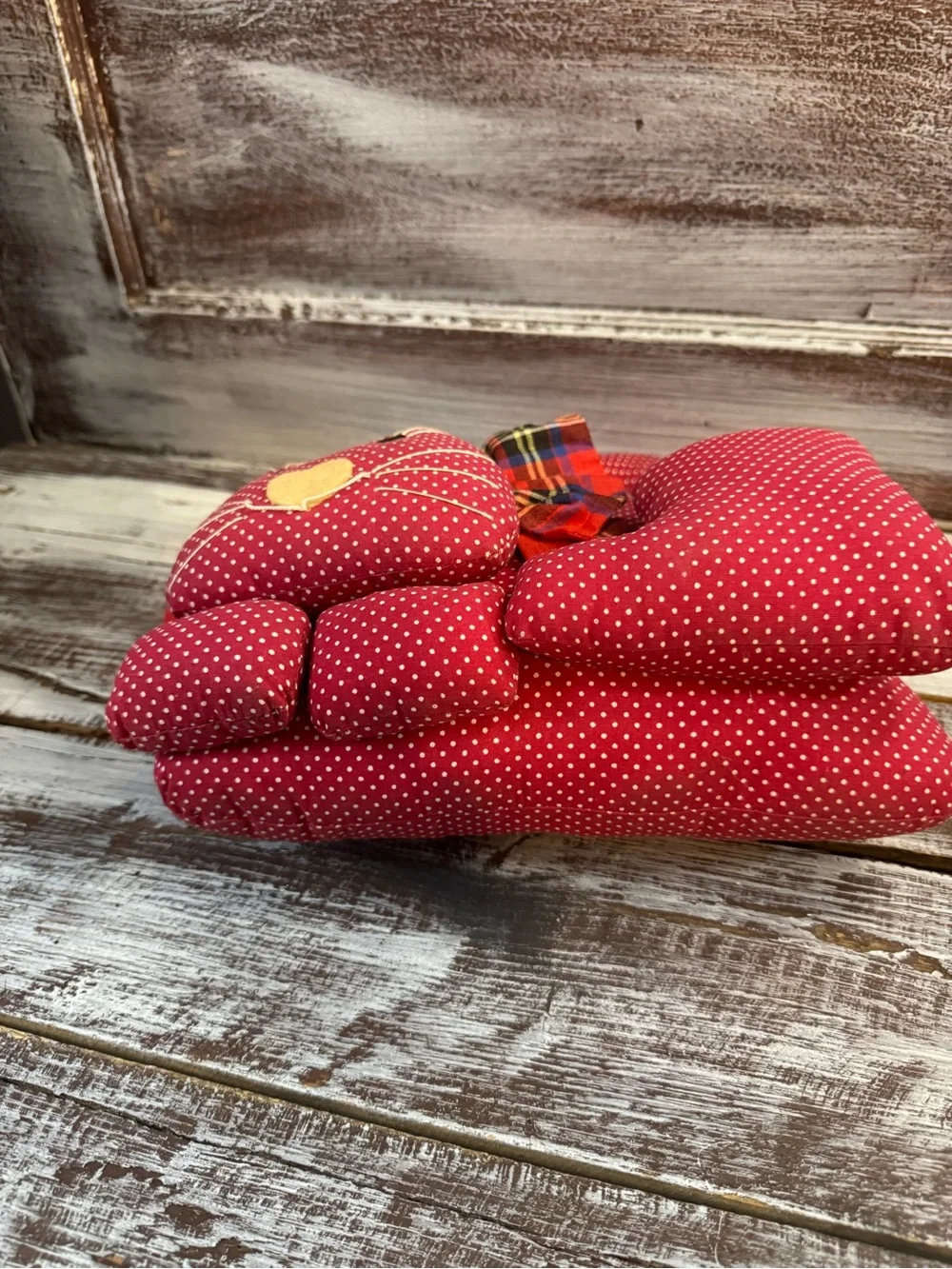 Red Polka Dot Cat Accent Pillow with Plaid Bow -VINTAGE